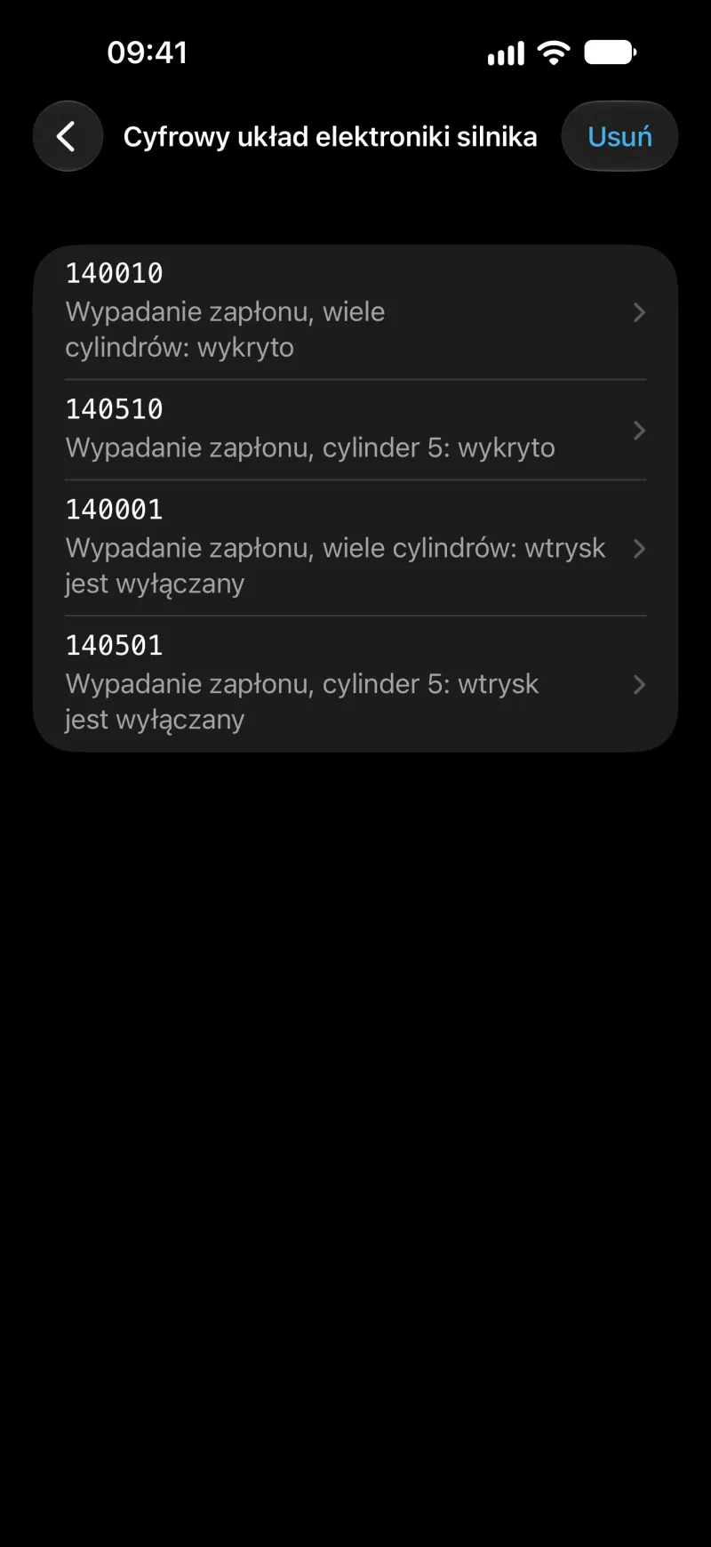 Ekran z kodami błędów sterownika w aplikacji BimmerLink na iPhonie