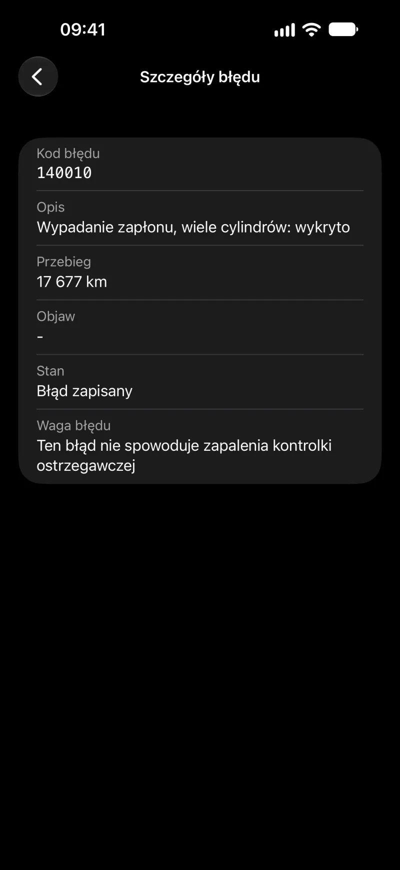 Szczegóły błędu w aplikacji BimmerLink na iPhonie