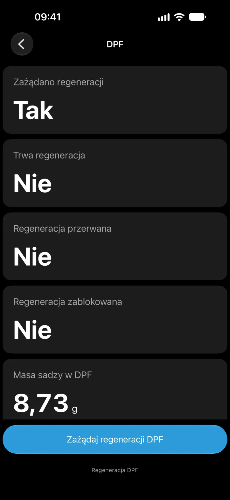 Ekran regeneracji DPF w aplikacji BimmerLink na iPhonie