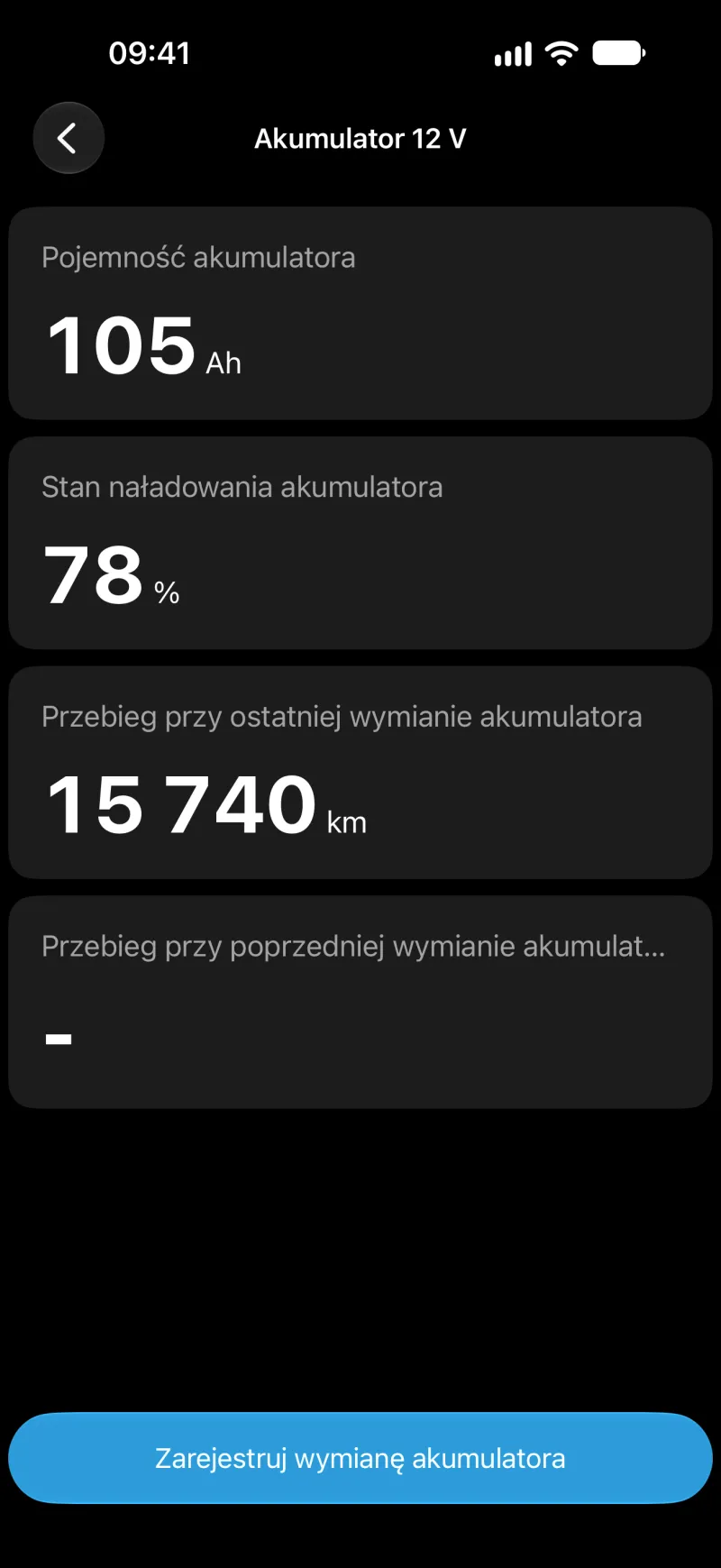 Ekran rejestracji akumulatora w aplikacji BimmerLink na iPhonie