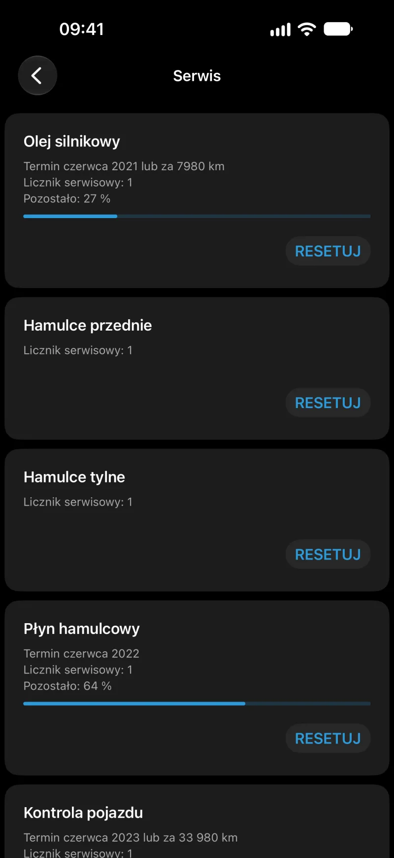 Ekran resetu serwisu w aplikacji BimmerLink na iPhonie