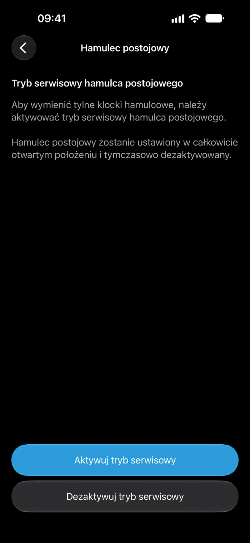 Ekran trybu serwisowego hamulca postojowego w aplikacji BimmerLink na iPhonie