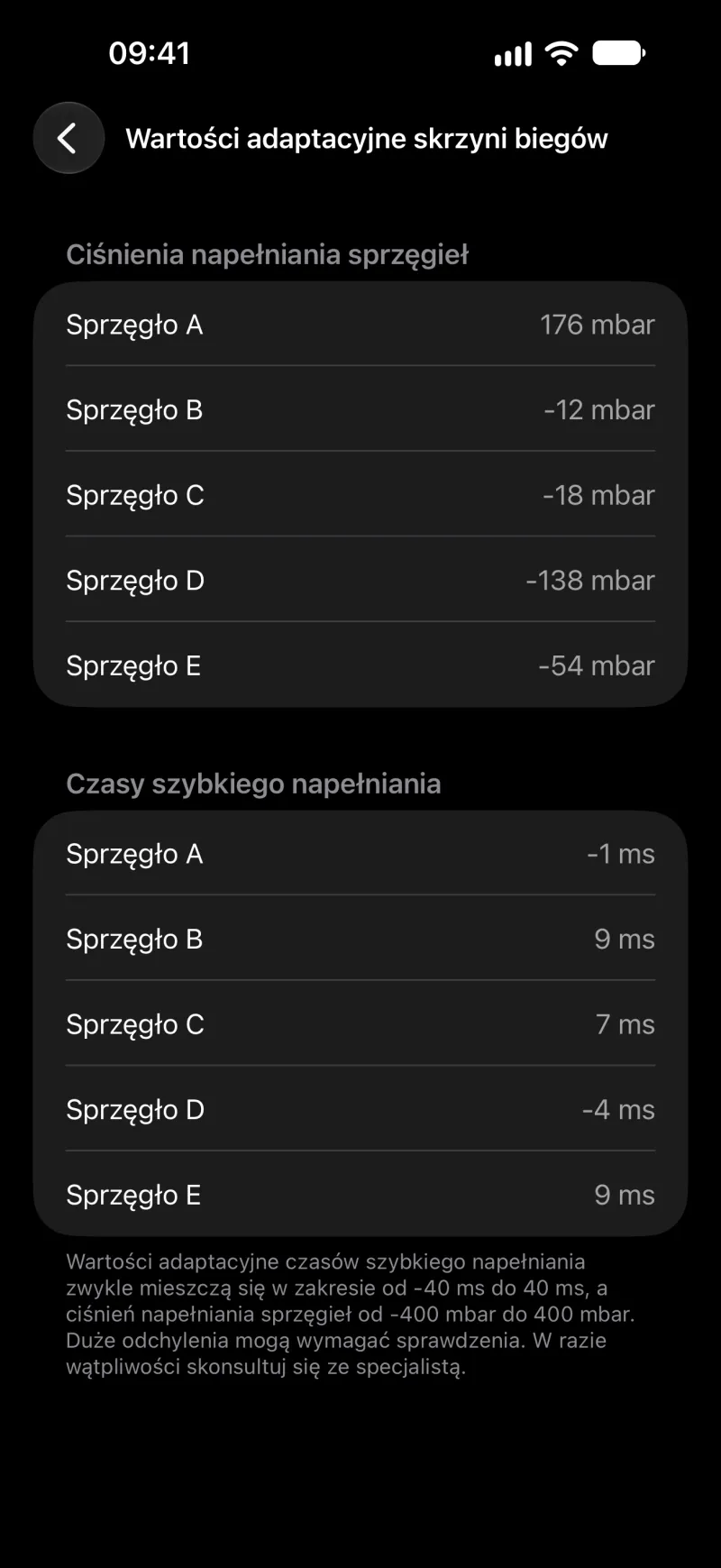 Wartości adaptacyjne skrzyni biegów w aplikacji BimmerLink na iPhonie
