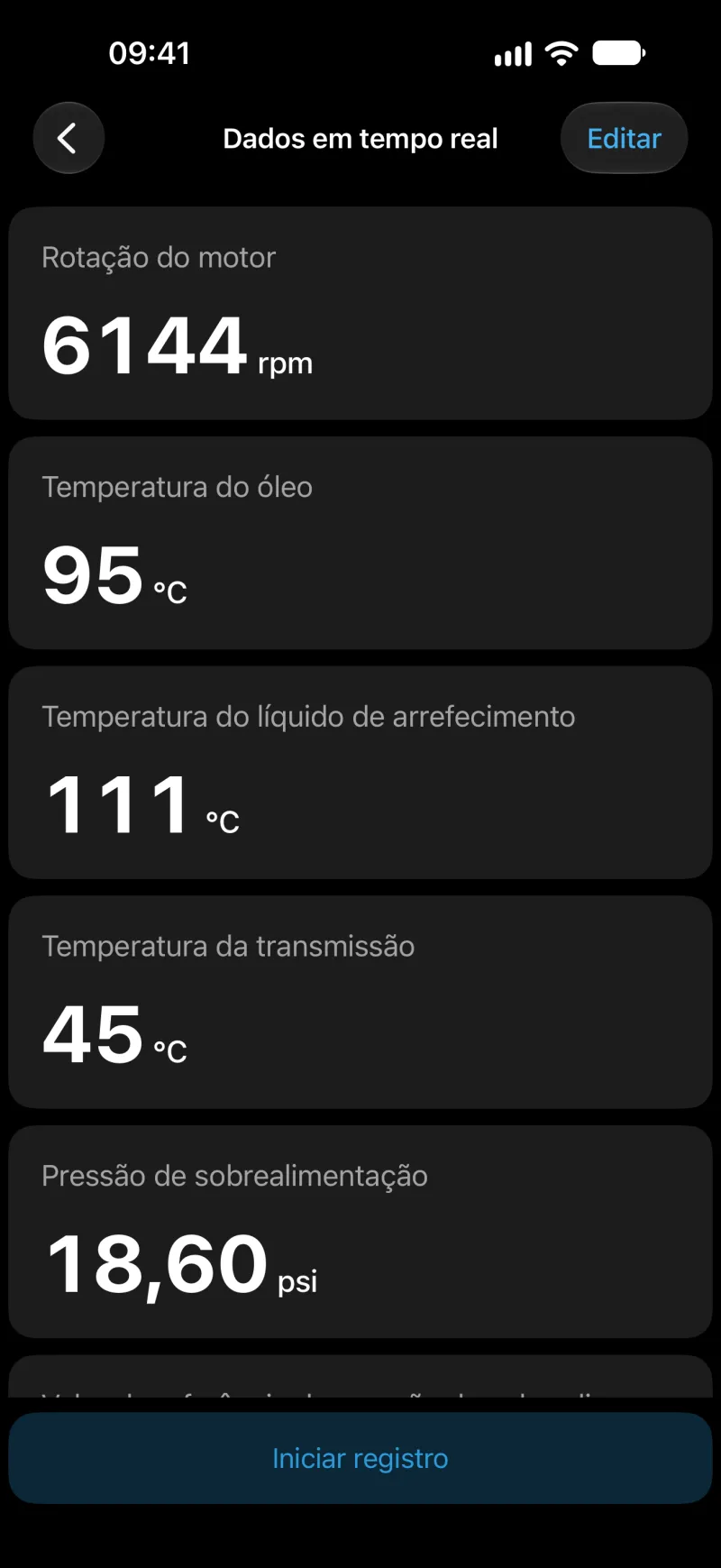 Tela de dados em tempo real do BimmerLink com valores dos sensores no iPhone