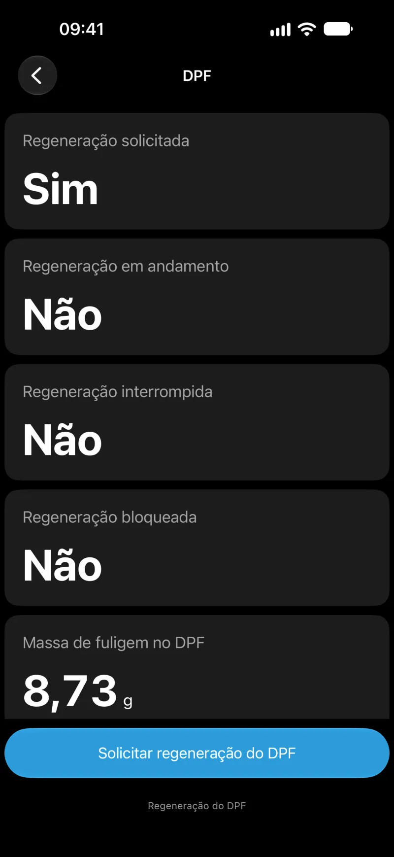 Tela de regeneração do DPF do BimmerLink no iPhone