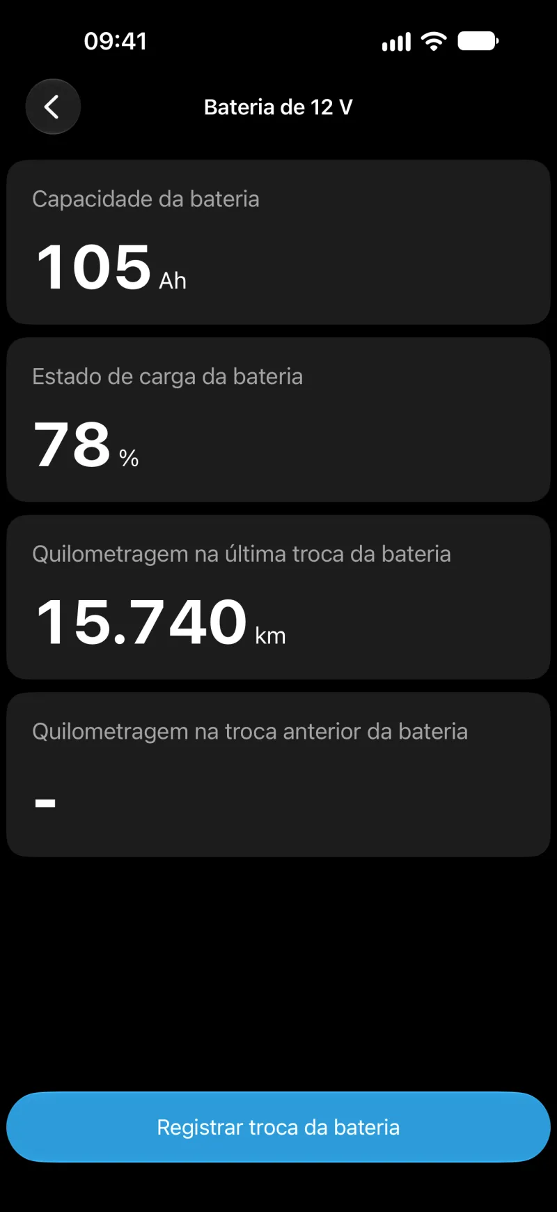 Tela de registro da bateria do BimmerLink no iPhone
