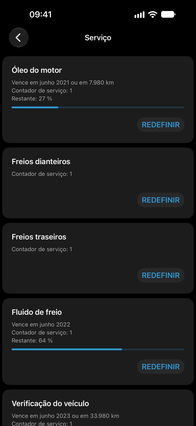 Tela do BimmerLink para resetar a revisão no iPhone