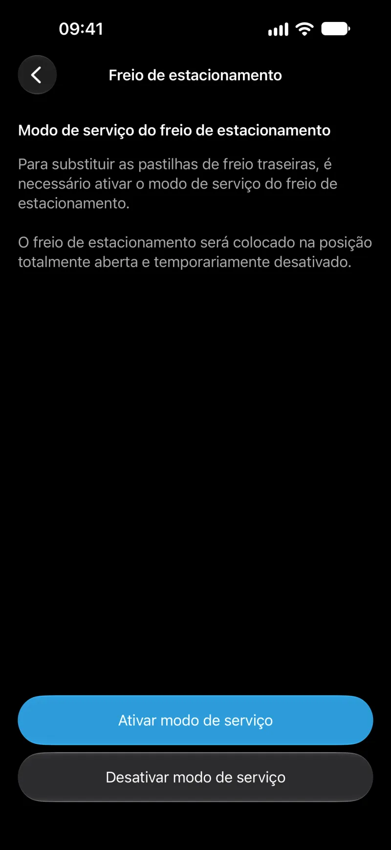 Tela do modo de serviço do freio de estacionamento do BimmerLink no iPhone