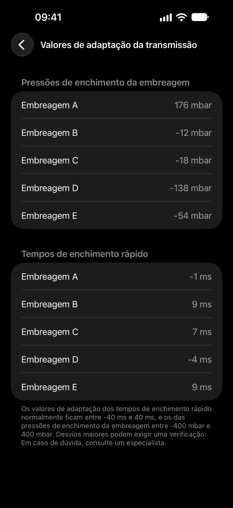 Valores de adaptação da transmissão no BimmerLink no iPhone