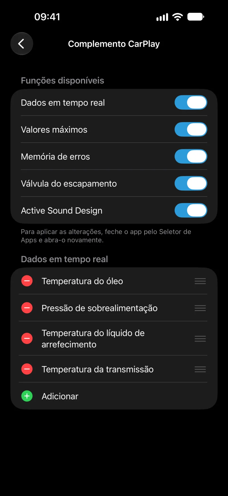 Tela do complemento CarPlay do BimmerLink no iPhone