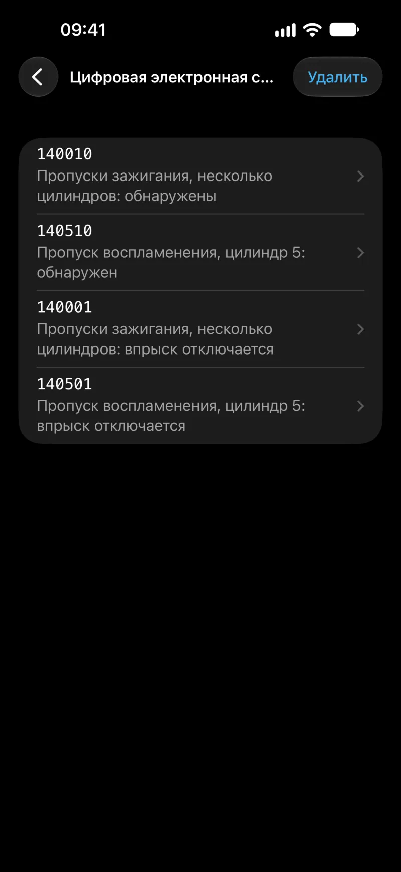 Экран с кодами ошибок блока управления в BimmerLink на iPhone