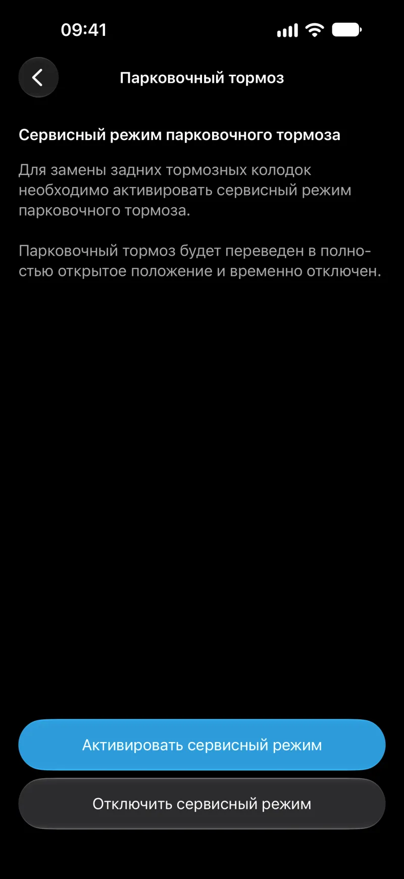 Экран сервисного режима стояночного тормоза в BimmerLink на iPhone