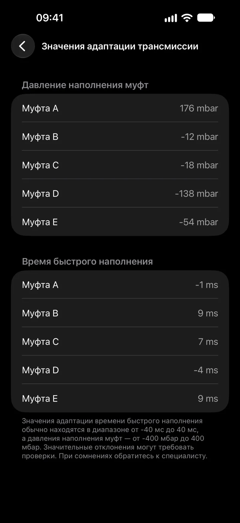 Значения адаптации коробки передач в BimmerLink на iPhone