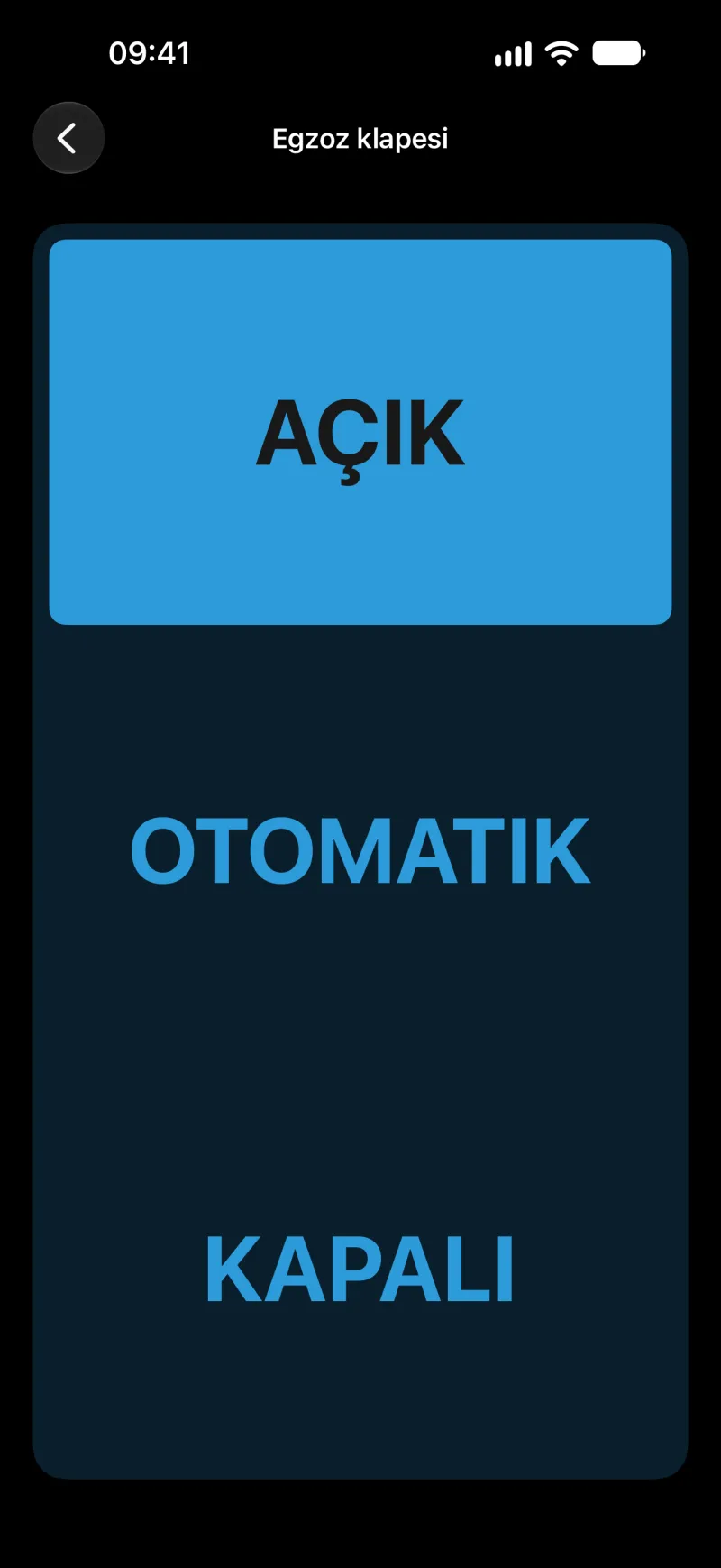 iPhone’da BimmerLink egzoz valfi kontrol ekranı