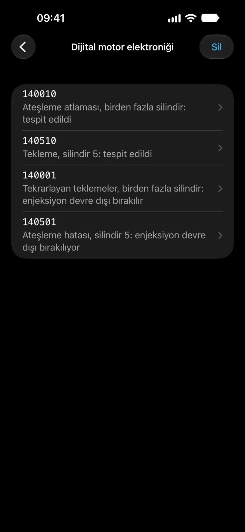 iPhone’da bir kontrol ünitesinin arıza kodlarını gösteren BimmerLink ekranı