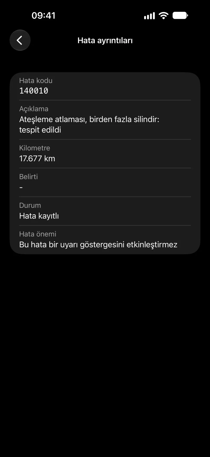 iPhone’da BimmerLink arıza detayları ekranı