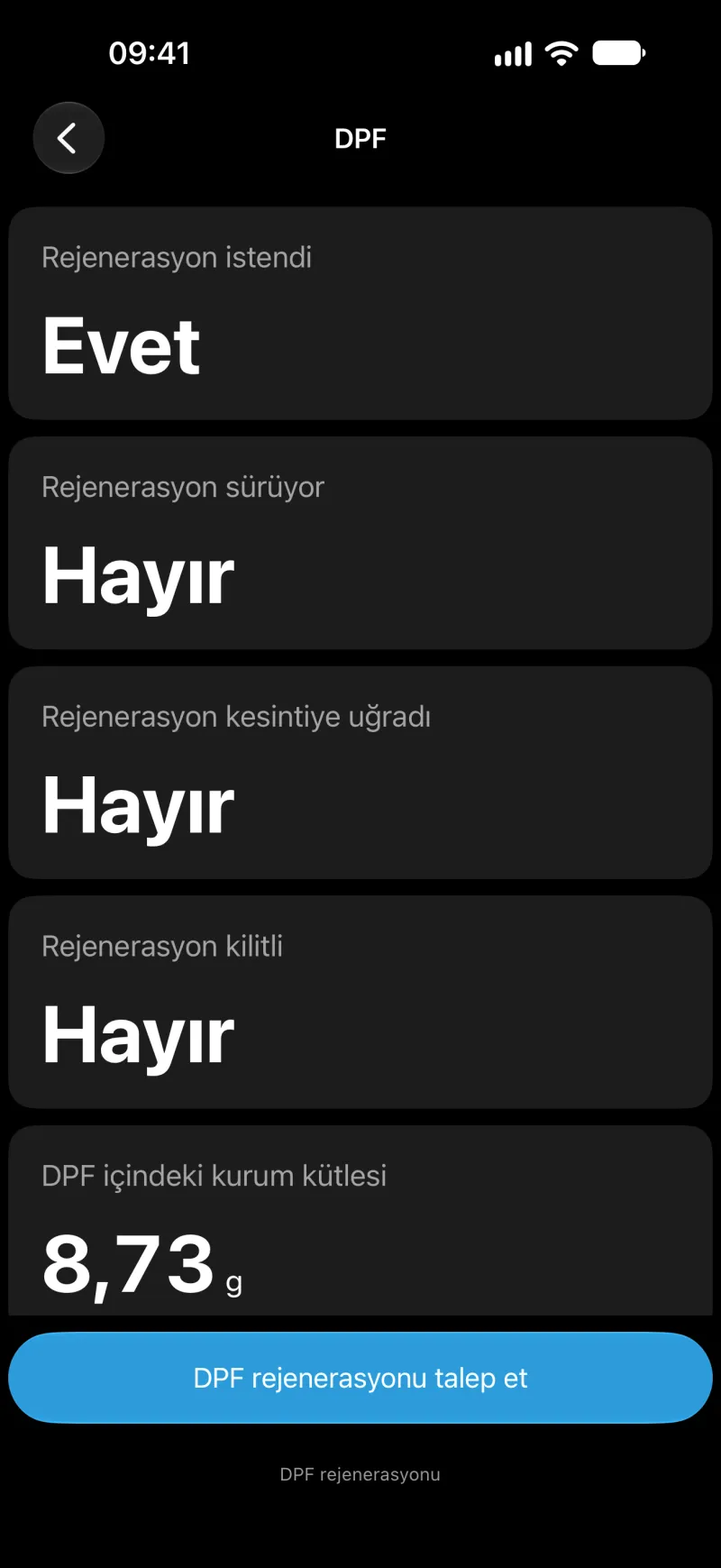 iPhone’da BimmerLink DPF rejenerasyonu ekranı