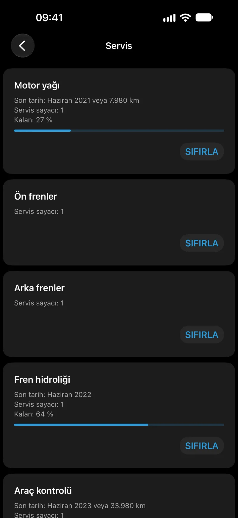 iPhone’da BimmerLink servis sıfırlama ekranı