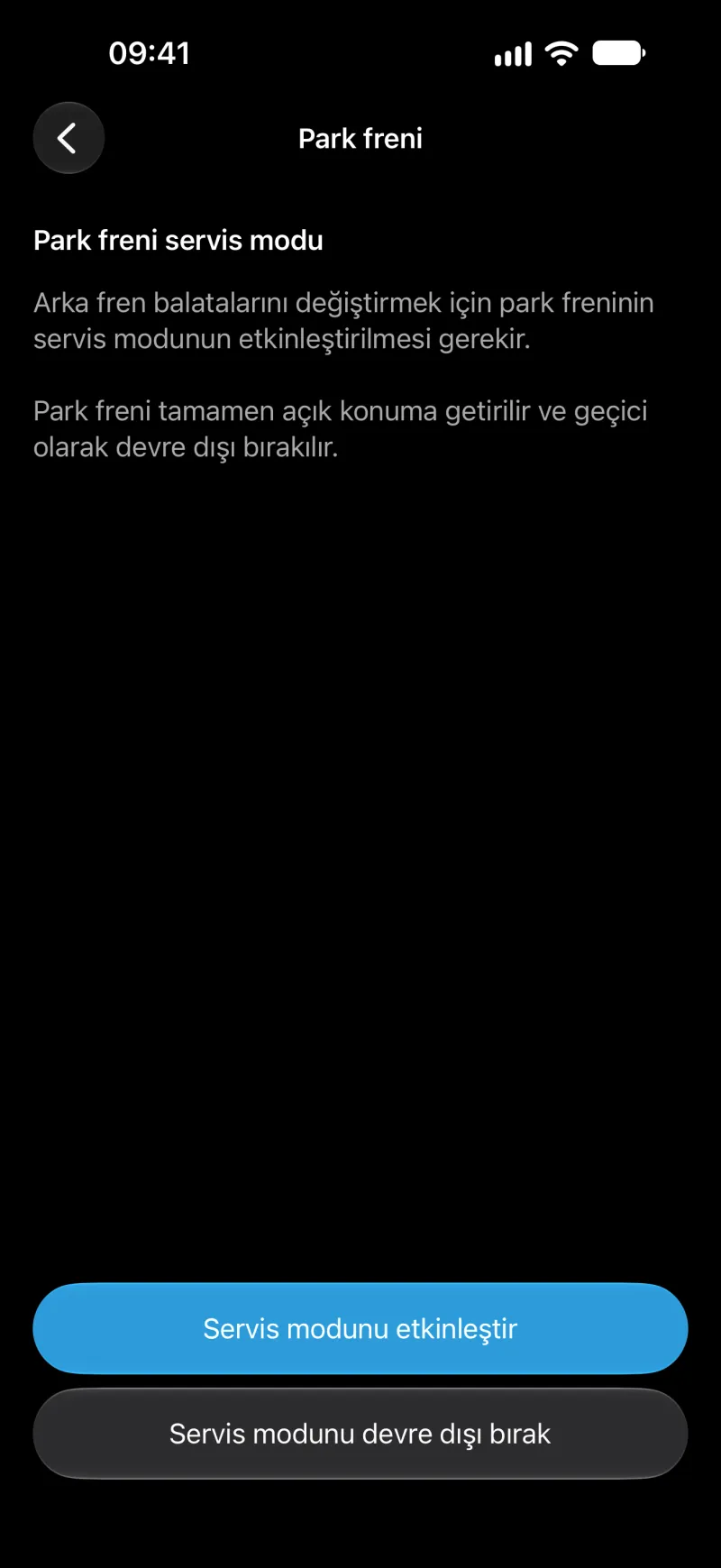 iPhone’da BimmerLink park freni servis modu ekranı