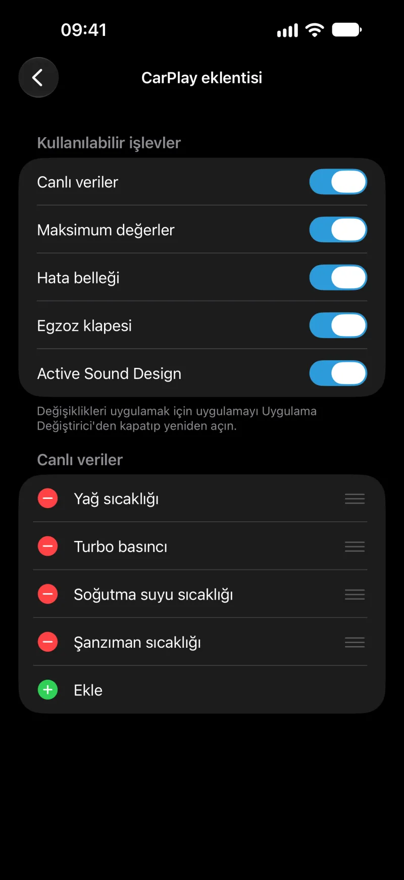 iPhone’da BimmerLink CarPlay eklentisi ekranı