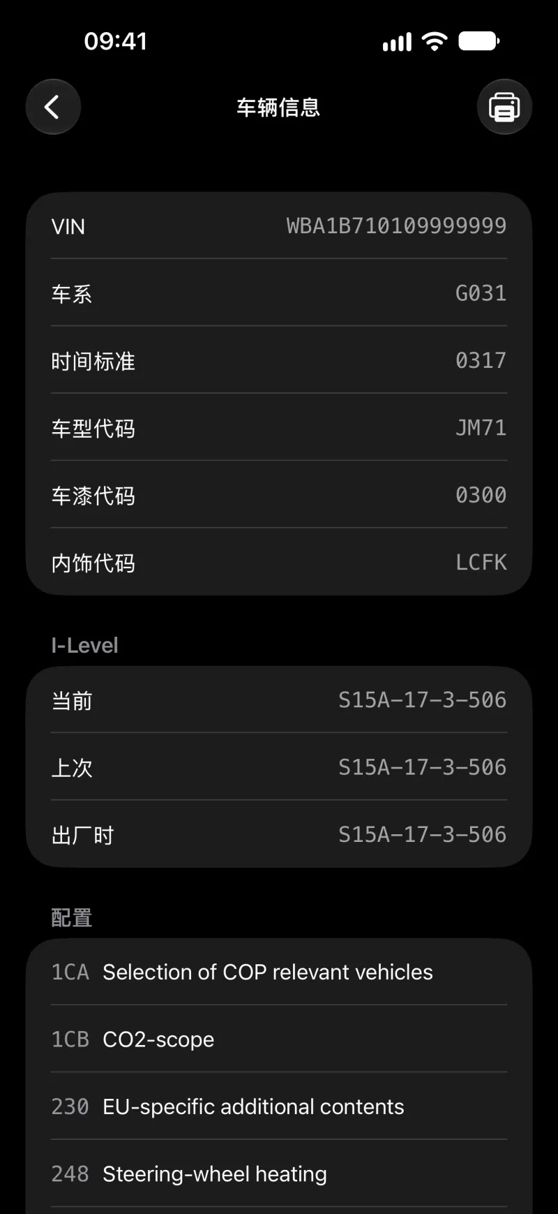 iPhone 上的 BimmerLink 车辆信息界面